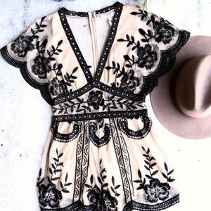 Honey Punch V-Neck Embroidered Lace Romper